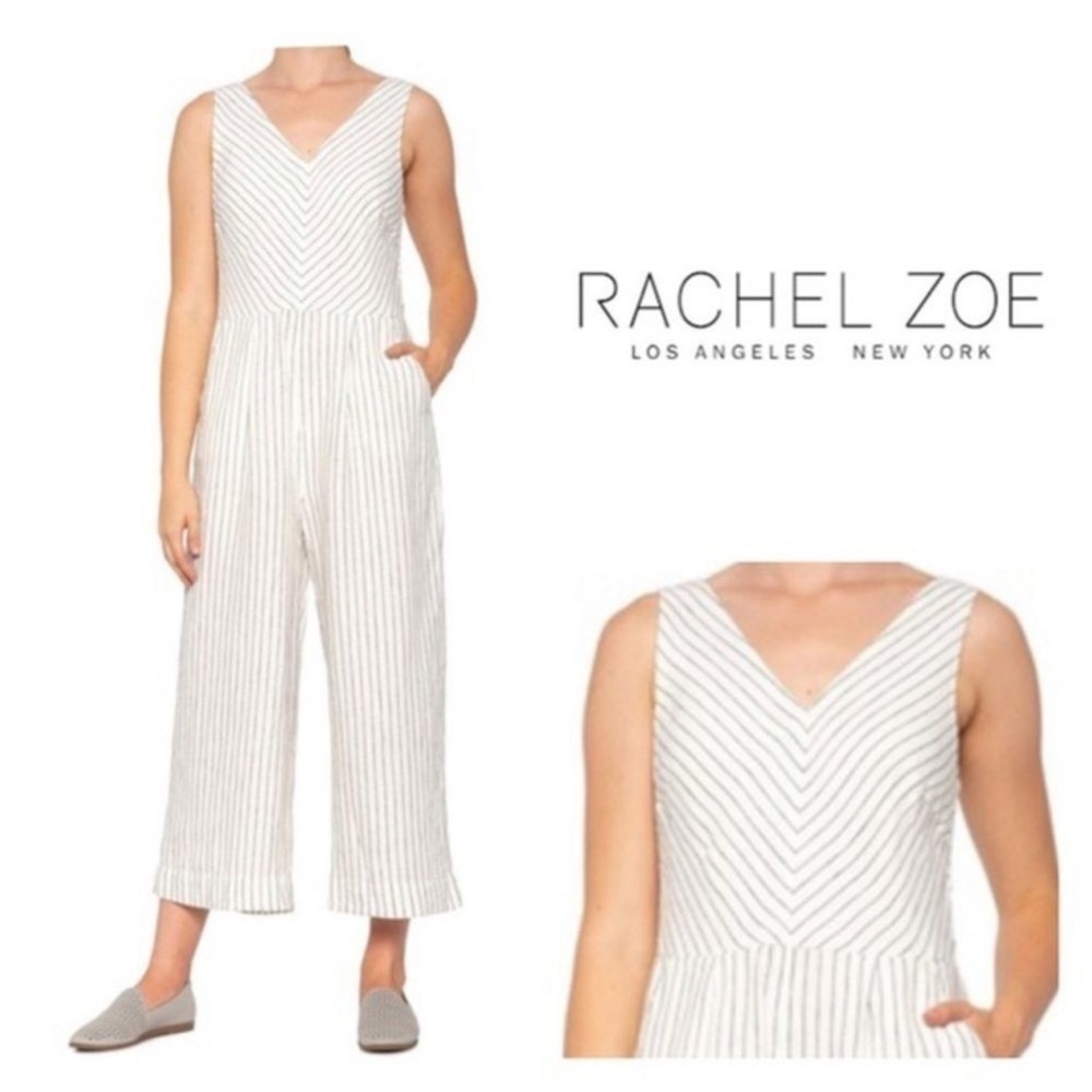 Rachel Zoe Linen Black & White Womens Stripe Wide Leg Romper Jumpsuit Size 8